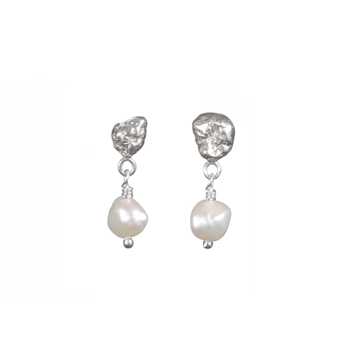 Molten Pearl Earrings, textured sterling silver studs each with a round freshwater pearl drop