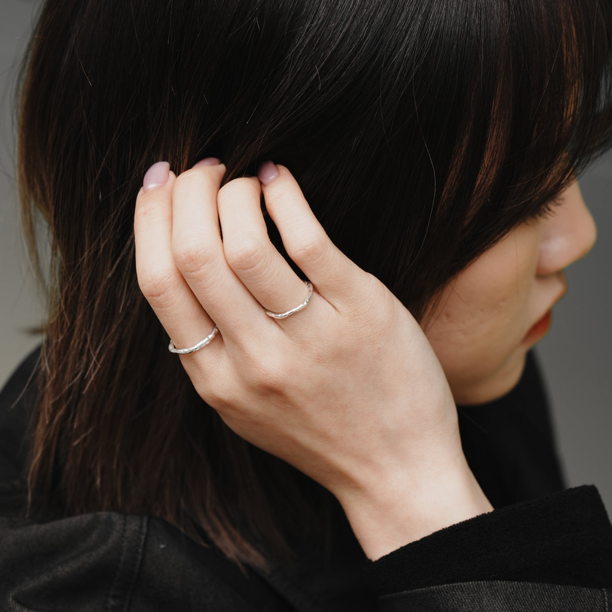 Molten Line Ring, close detail of the thin textured sterling silver band
