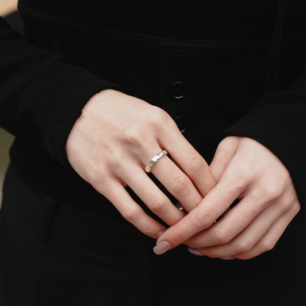 Molten Band Ring, close detail of the hand poured sterling silver surface