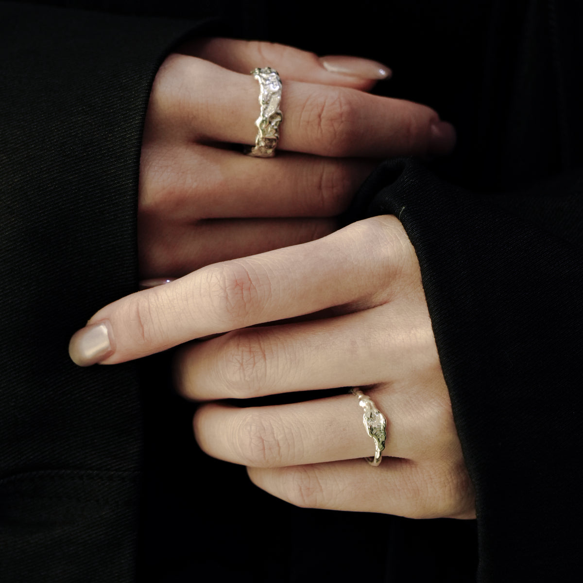 Molten Light Ring, close detail of the slim textured sterling silver band