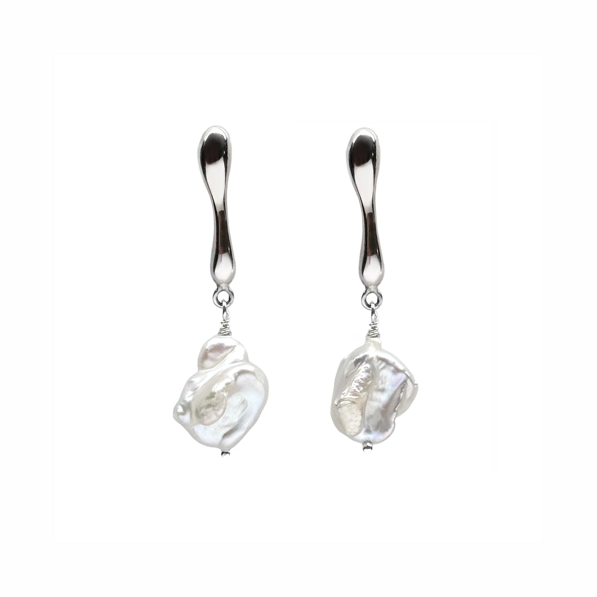 Bubble Earrings, long tapered sterling silver drop earrings each ending in a baroque freshwater pearl