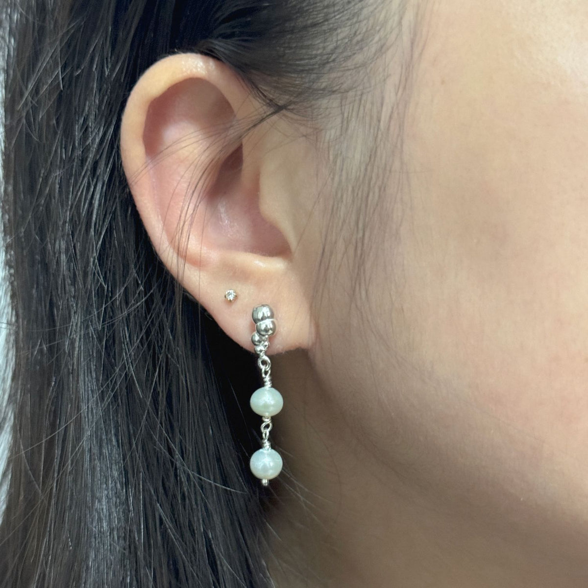 Bubbly Freshwater Pearl Earrings, sterling silver and freshwater pearl drops seen from another angle