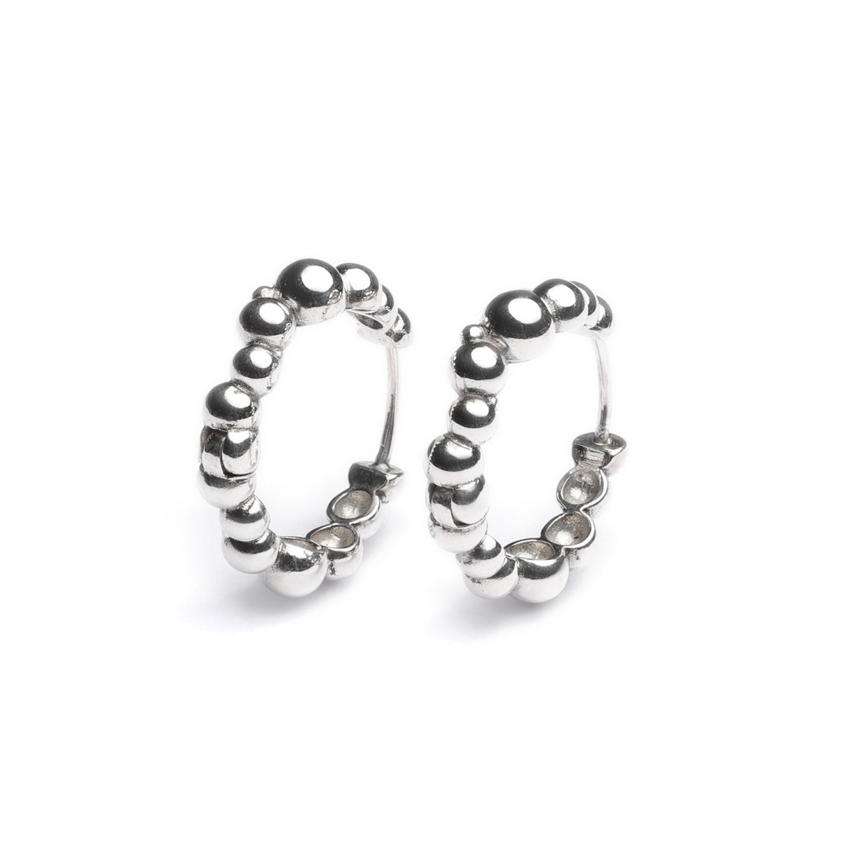 Bubbly Hoop Earrings, beaded sterling silver hoops seen from another angle