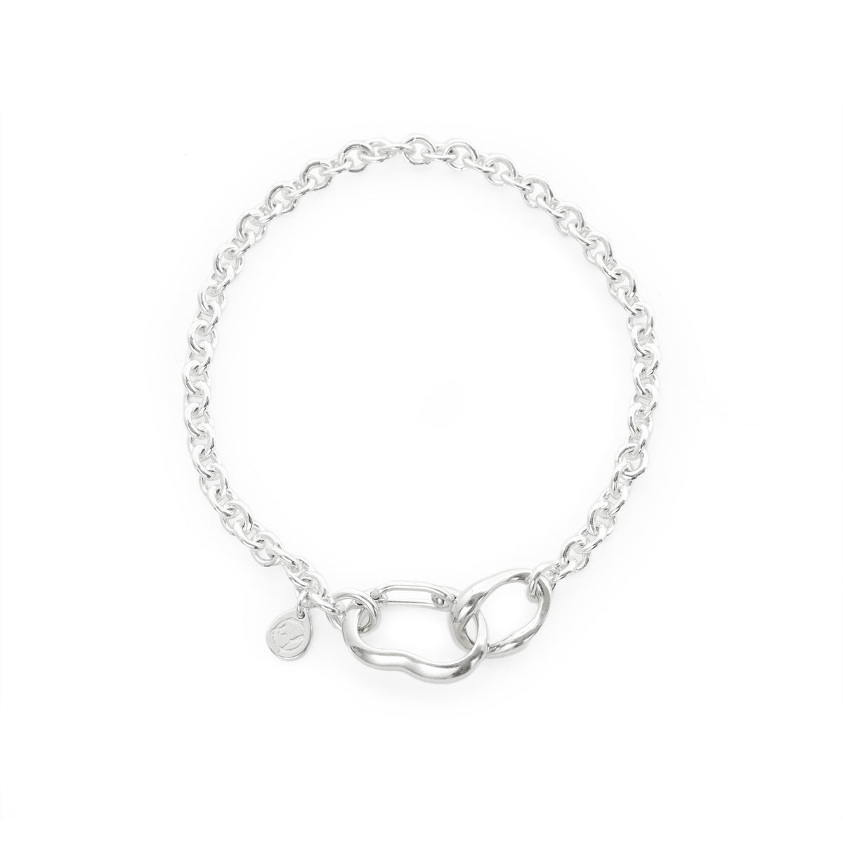 Bubble Carabiner Bracelet, a sterling silver chain bracelet with an oval carabiner link and a round tag