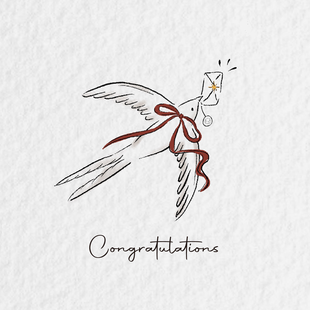 Congratulations gift card illustration of a bird carrying a ribbon, with hand drawn lettering