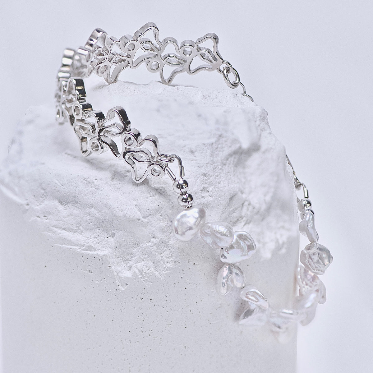Lilac Full Bloom Bracelet, sterling silver flower bracelet shown flat