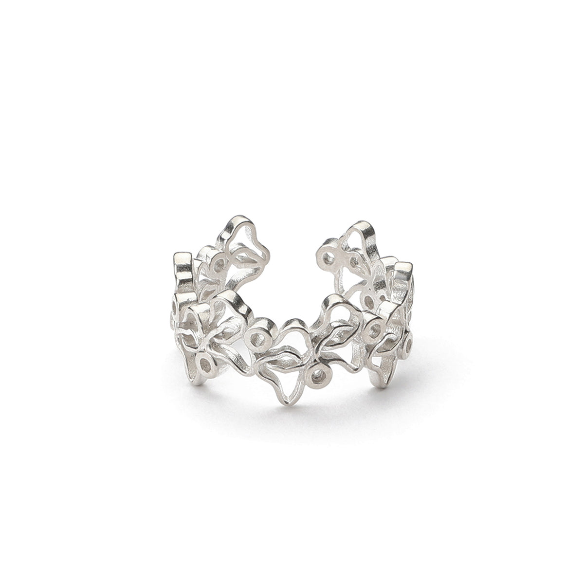 Lilac Ring, an open sterling silver band with a cluster of small lilac flowers across the top