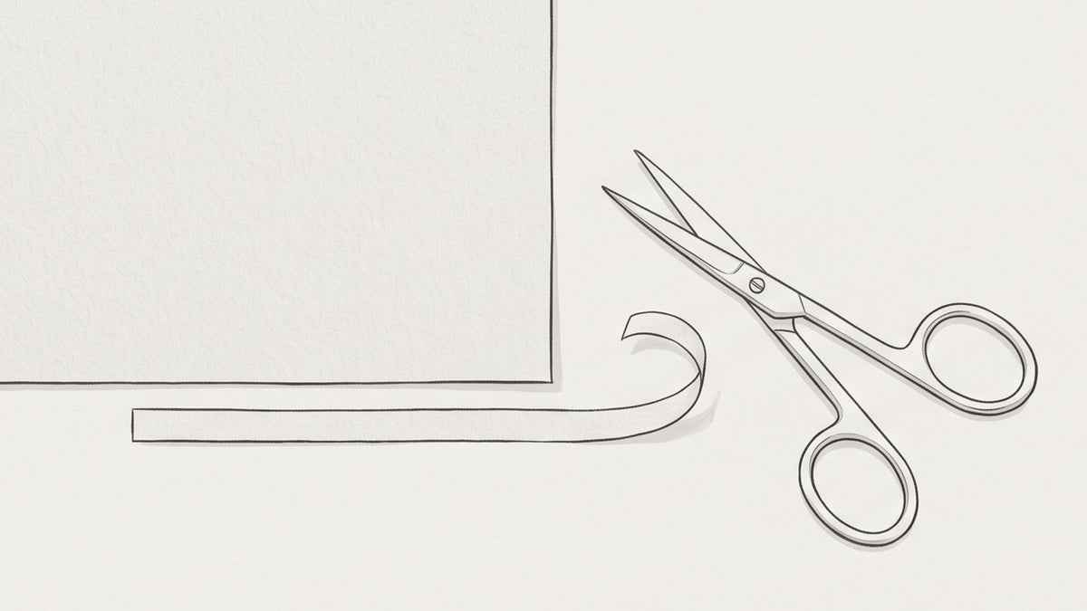Line illustration: scissors cutting a thin strip from a sheet of paper