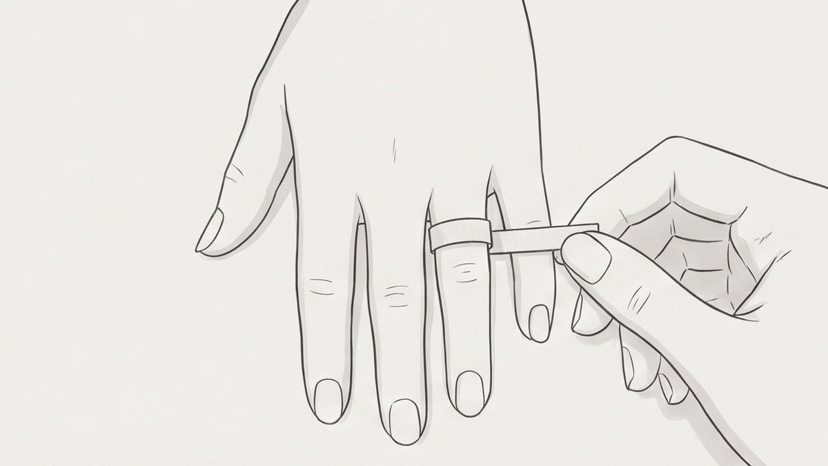 Line illustration: a paper strip wrapped around the base of a ring finger