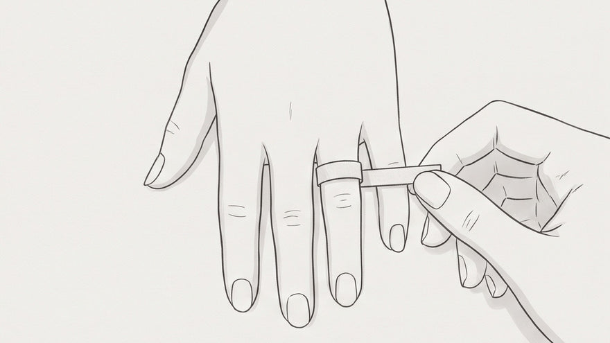 Line illustration: a paper strip wrapped around the base of a ring finger