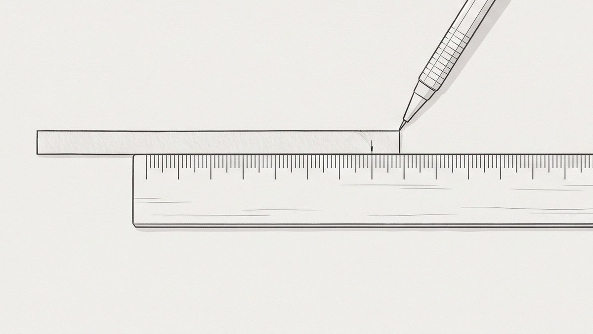Line illustration: the marked paper strip laid flat along a ruler, a pen at the mark