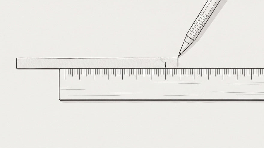 Line illustration: the marked paper strip laid flat along a ruler, a pen at the mark