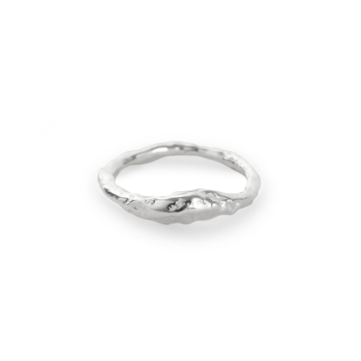 Molten Flow Ring, a slim sterling silver band with a soft wave and molten texture