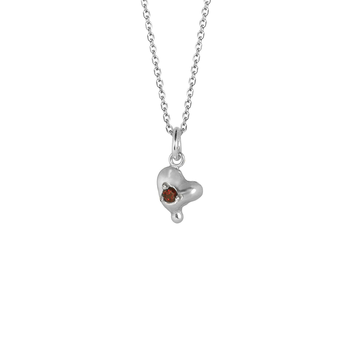 Molten Heart with Garnet Necklace, a textured sterling silver heart pendant set with a deep red garnet