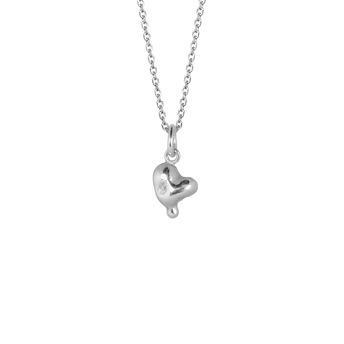 Molten Heart Necklace, a small organic sterling silver heart pendant with a molten surface