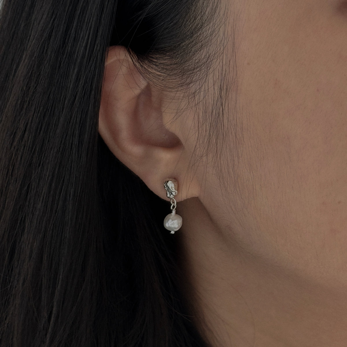 Molten Pearl Earrings worn, side view