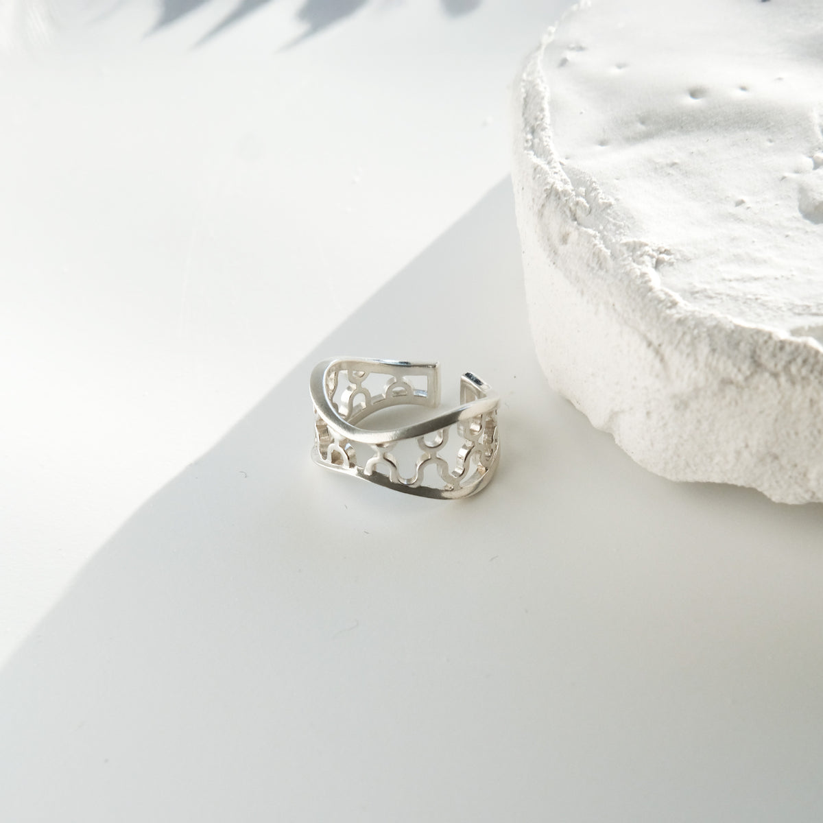 Ripple Ring, sterling silver openwork cuff seen from another angle