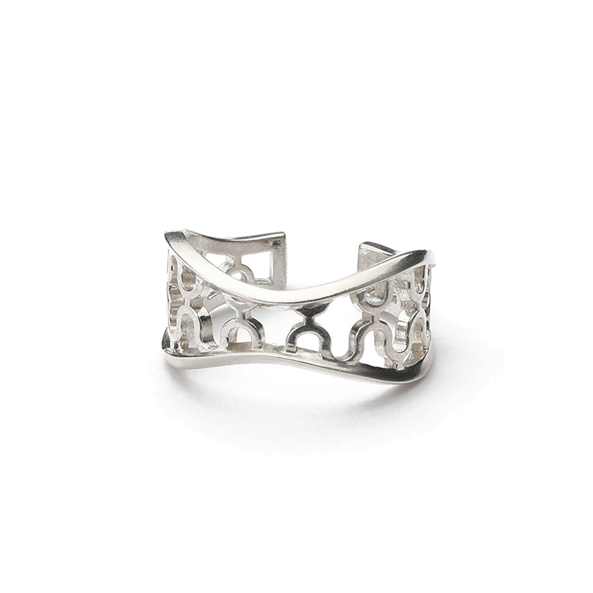 Ripple Ring, a wide open sterling silver cuff ring with a cut out ripple pattern